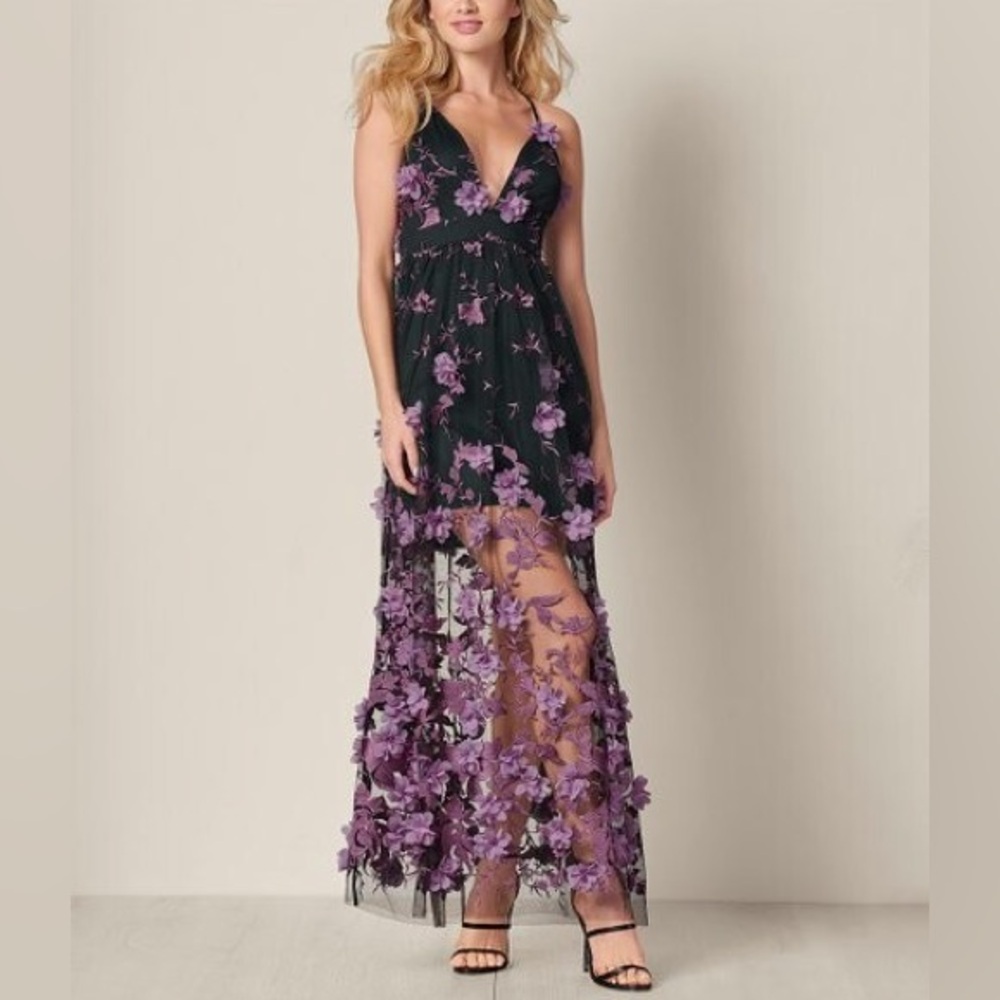 NWT VENUS 3D Floral Applique Maxi Dress Purple Black Mesh Overlay Sz 8